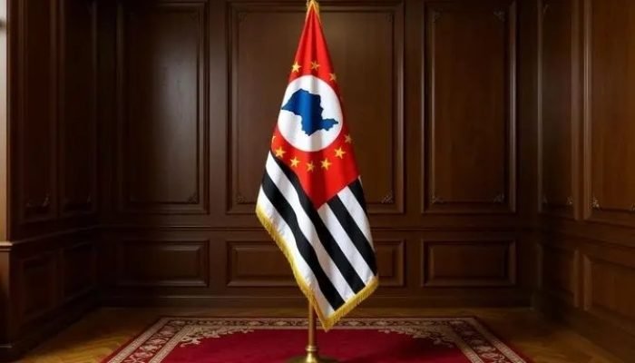 Listras pretas e brancas e estrelas amarelas representam as 15 regiões administrativas de São P...
