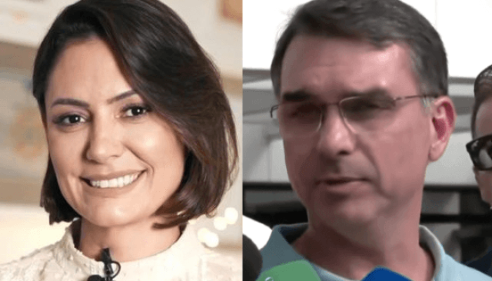 Michelle Bolsonaro, ex-primeira-dama, e Flávio Bolsonaro, senador | Reprodução SBT