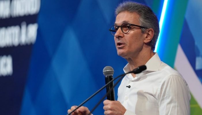 O pré-candidato à Presidência da República Romeu Zema (Novo), em evento da CNI  • Gabriel ...
