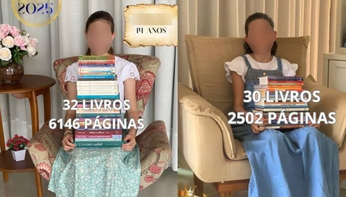 As meninas, hoje com 11 e 15 anos, leram cerca de 30 livros em 2025. (Foto: Arquivo pessoal/ I.C.M)