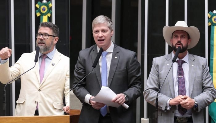 Os deputados Marcos Pollon (PL-MS), Marcel Van Hattem (Novo-RS) e Zé Trovão (PL-SC). (Foto: Bru...